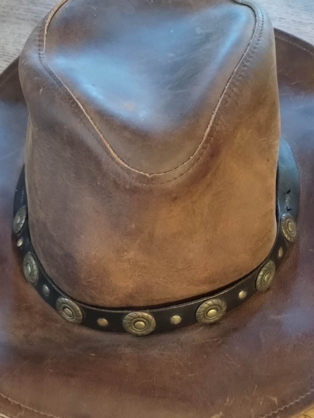 Men's Brown Leather Western Hat with Decorative Concho Band